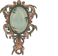 Ornate Hand Mirror with Glowing Vines, Oval Glass, Reddish-Brown Frame ©  Artisan Graph