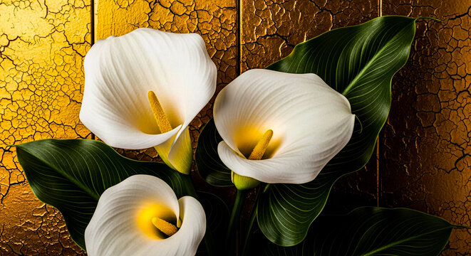 Three elegant white calla lilies with yellow centers are presented against a richly textured, cracked gold backdrop, highlighting their smooth petals and vibrant leaves. - Powered by Adobe