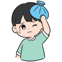 Sad boy with ice pack on head, crying and feeling unwell, illustration of child sick with fever or headache