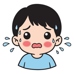 Cartoon illustration of a distressed young boy sweating with worried expression and blushing cheeks, conveying anxiety and fear