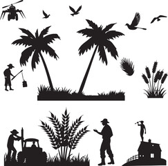 Silhouettes of rural life with palm trees people and machinery