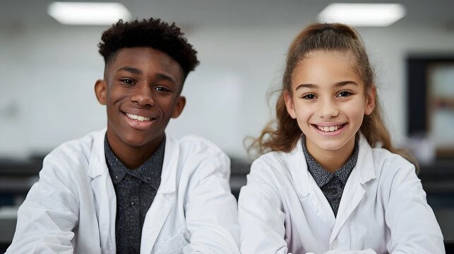 Young diverse students in lab coats smiling in a bright science classroom