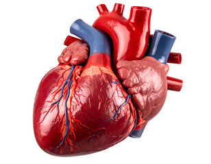 A detailed anatomical model of a human heart showcasing its structure and vascular connections in vibrant colors.
