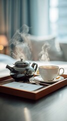 Elegant still life featuring a steaming tea service arranged on a tray within a cozy hotel room setting. Perfect for conveying relaxation, comfort, and hospitality ambiance in lifestyle and