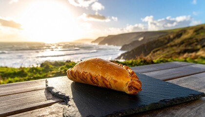 Cornish pasty on a slate board with a coastal view at sunset.