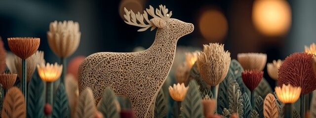 Intricate Papercut Design of a Stag Surrounded by Colorful Floral Elements at Festival