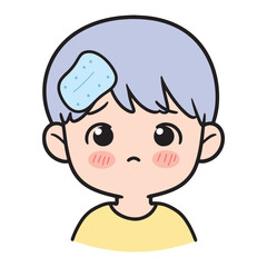A cute illustration of a young boy with a cold compress on his forehead, looking sad and unwell