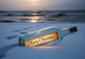 A glass bottle containing a rolledup parchment scroll with merry christmas written on it rests in the snow on a beach, with the ocean and sunset in the background