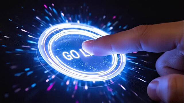 Finger Pressing Glowing Go Live Button - A finger presses a glowing "Go Live" button, initiating a process or broadcast.