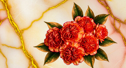 A lush bouquet of vibrant red carnations with rich green leaves, set against a creamy marble background with bold golden veins, creating a luxurious and harmonious floral composition.