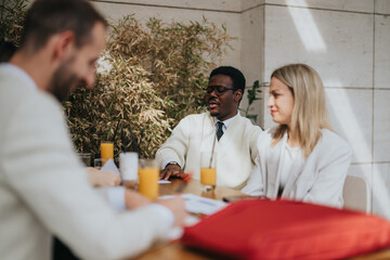 A group of professionals engaged in a business discussion outside near greenery, showcasing collaboration and communication in a relaxed setting, with glasses of orange juice and a sunny atmosphere.