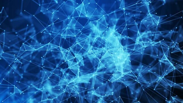 Futuristic blockchain programming visualization of abstract network with glowing connections on dark background.