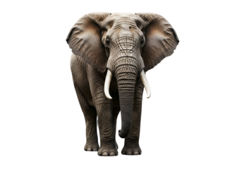Powerful African elephant against a stark black background, showcasing its detailed texture and imposing presence.