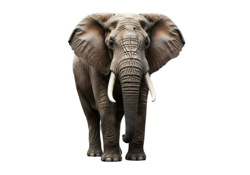Powerful African elephant against a stark black background, showcasing its detailed texture and imposing presence.