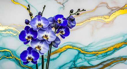 A stunning arrangement of purple and blue orchids, complete with buds, displayed against a sophisticated marbled background accented with gold.