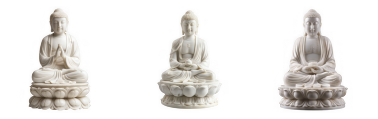 Three white buddha statues in meditation poses isolated on transparent background