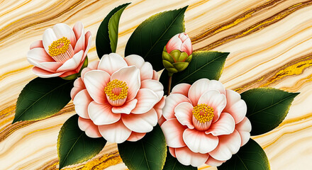 A close-up view of blooming camellia flowers in soft pink and white hues, set against a luxurious marbled backdrop with elegant gold accents.