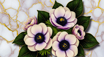 A delicate bouquet of white anemone flowers with deep purple centers and lush green leaves is artfully arranged on a marble surface with gold accents