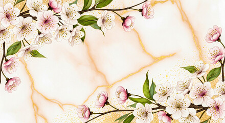 A decorative arrangement of cherry blossom branches with pink and white flowers and green leaves, set against a soft marble background with gold veining.