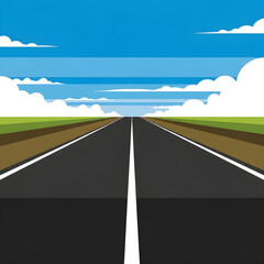 Asphalt road vanishing into the horizon under a bright blue sky.