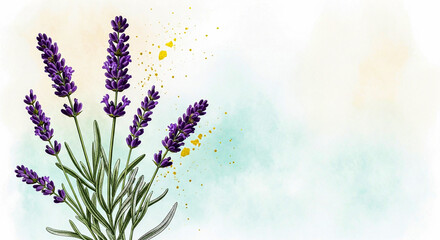 A watercolor painting of lavender flowers with artistic splatters, creating a light and serene atmosphere on a pale background.