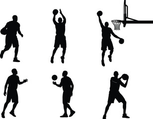 Basketball player silhouette set, dynamic action poses, dribbling, dunking, shooting, isolated black vector, sports illustration for design use