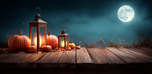 Orange Pumpkins and Metal Lanterns with Candlelight on Rustic Wooden Table under Full Moon and Dark Blue Night Sky