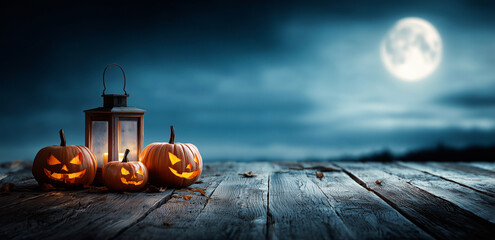 Carved Orange Pumpkins and Brown Metal Lanterns with Candlelight on Weathered Wooden Surface under Bright Full Moon and Starry Sky
