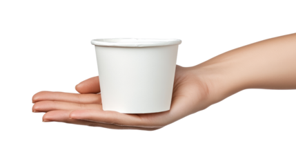 A human hand holding a plain white paper cup, isolated on white background, png
