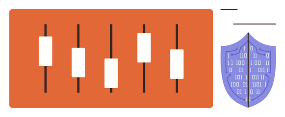 Candlestick chart showing trading patterns alongside a digital shield with binary code. Ideal for finance, investment, security, trading education, digital protection, risk management, technical