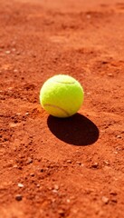 Close-up of a vibrant yellow tennis ball on a textured clay court in bright sunlight.