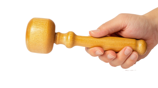 a human hand holding a wooden pestle or small mallet, close-up, isolated on white background,  png