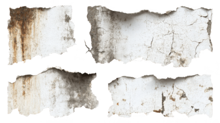 Four damaged wall fragments isolated on transparent png background