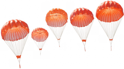 Five orange parachutes floating upward on transparent png background