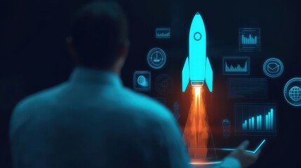 A person observes a digital rocket launch visualization, symbolizing innovation and technology in a futuristic environment.