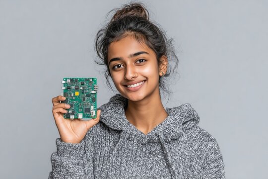 A young woman proudly holding a green circuit board, showcasing technology.