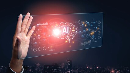 AI neural network and data processing system visualizing artificial intelligence with brain structure, chip, and connected data blocks for computation and learning Marrow
