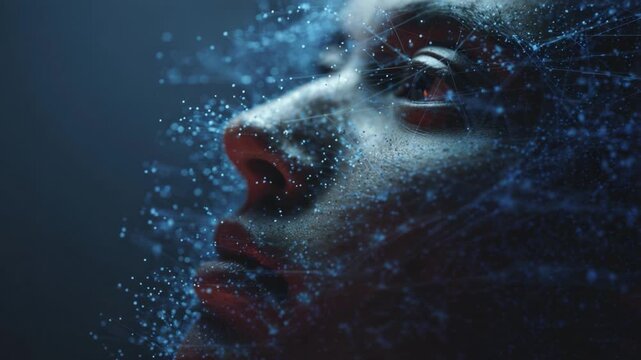 Digital woman's face dissolving into a glowing plexus network, symbolizing AI, neural networks, data driven identity, humantechnology fusion and digital transformation