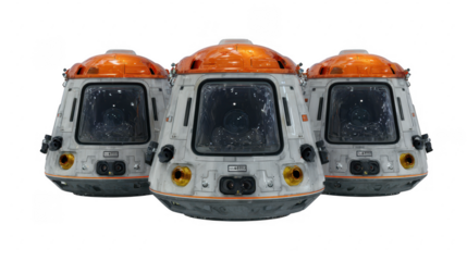 Three spacecraft pods aligned on transparent png background