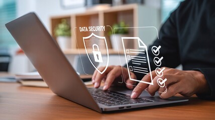 Cybersecurity Interface with Data Protection Icons and Laptop Workspace