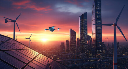 wind turbines at sunset