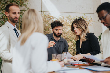 A group of business people working together outdoors, discussing documents and collaborating on ideas. The setting exudes teamwork, collaboration, and modern work culture in a natural environment.