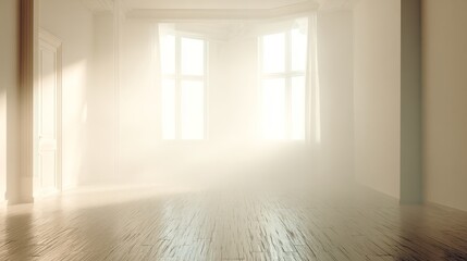 A bright, sunlit empty room featuring a wooden floor and large windows, creating an ideal interior mockup space suitable for design projects, photography backdrops, or conceptual layouts with ample