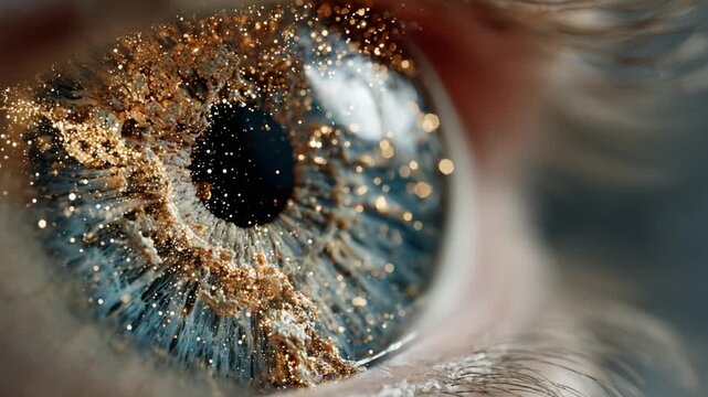 Extreme close up of a beautiful blue human eye with golden glitter applied as makeup, with the pupil constricting and dilating while looking around and sparkling in the light