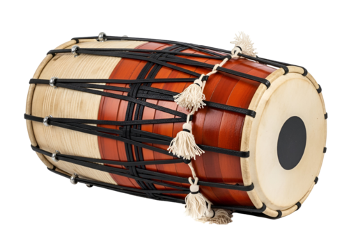 A vibrant, traditional Indian dholak drum, showcasing its intricate design and rich colors against a black backdrop.