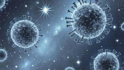 Abstract digital rendering of glowing coronavirus particles in a dark, starry nebula, representing global health threats and scientific research.