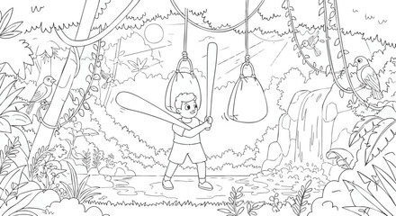 Fototapeta premium Cartoon boy swinging baseball bat in jungle, forest, hitting equipment, sports activity