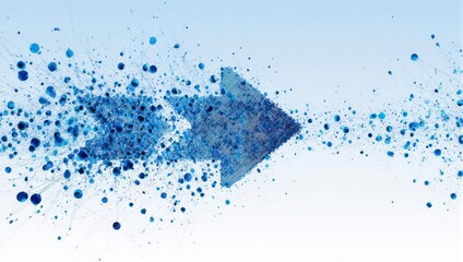 Dynamic blue arrow explodes into particles, symbolizing data flow, innovation, and forward momentum in a modern digital landscape