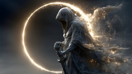 Death Figure in Cloak with Scythe and Halo Ring