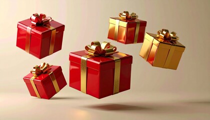 Obraz premium Floating red and gold gift boxes with shiny ribbons create festive and joyful atmosphere
